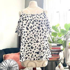 Bar III White & Black Floral Ruffle Cold Shoulder Top
